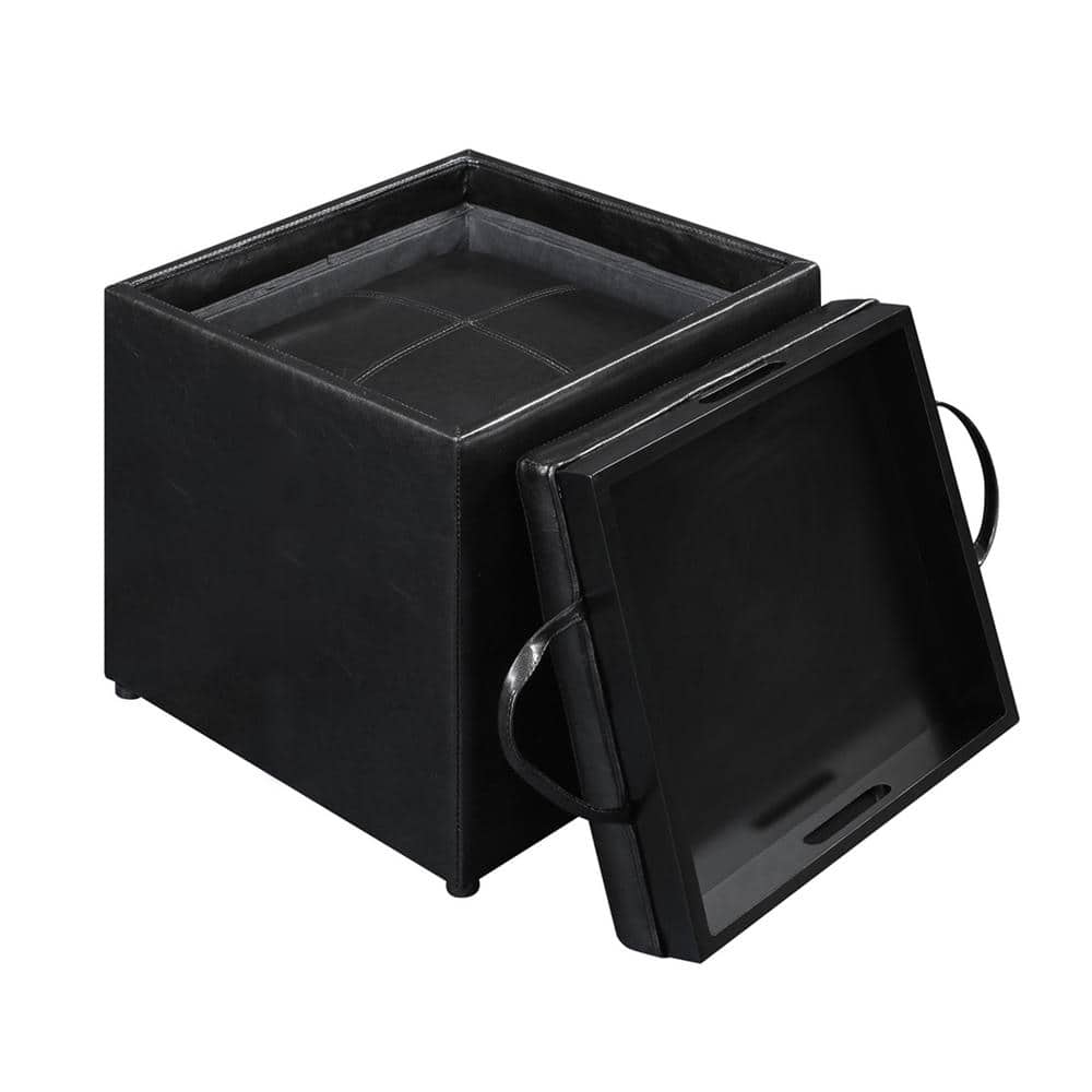 Black Faux Leather Ottoman with Reversible Tray and Storage