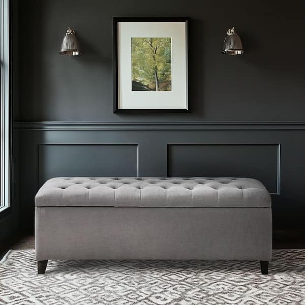 Sasha Grey Bedroom Bench with Tufted Top Upholstered Storage 49 in. W