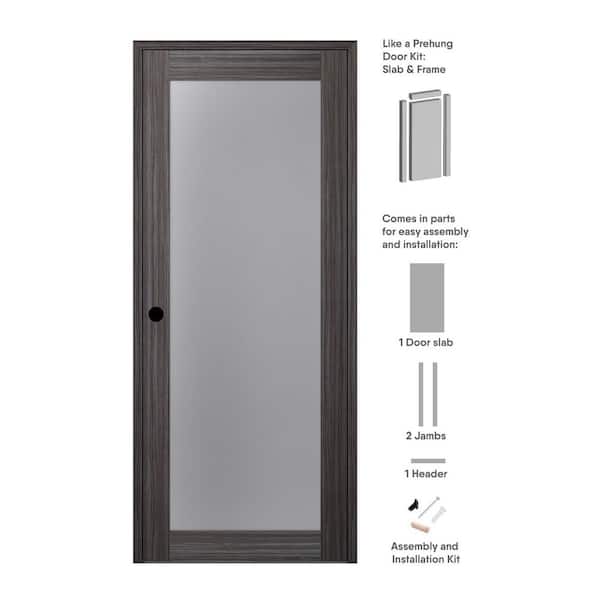 Paola 36 in. x 80 in. Right-Handed 1-Lite Frosted Glass Solid Core Gray Oak Wood Single Prehung Interior Door