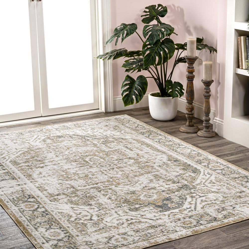 Green and Cream Medallion Machine-Washable Area Rug