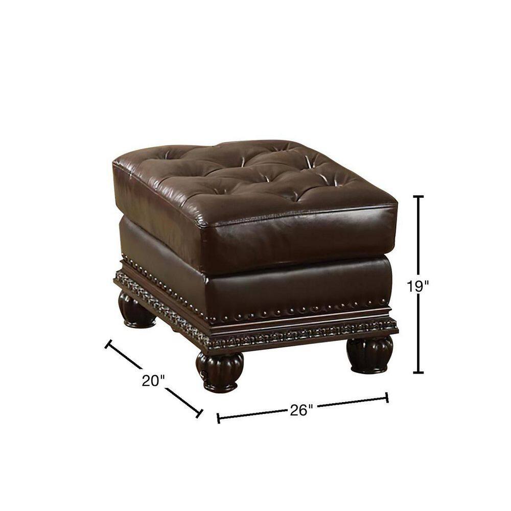Espresso Brown Faux Leather Tufted Ottoman with Nailhead Trim