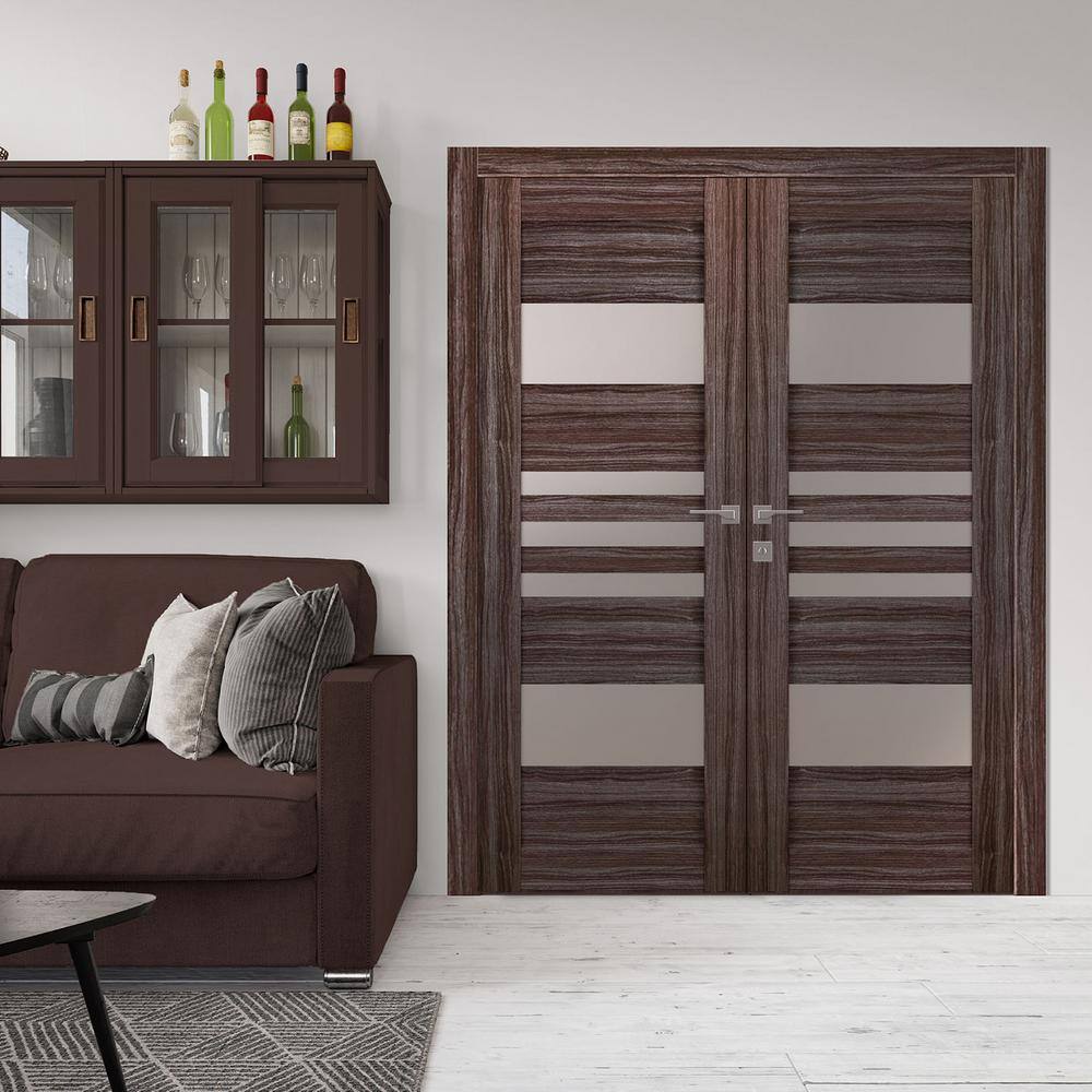 Gray Oak Prehung Double French Door with Frosted Glass Panels