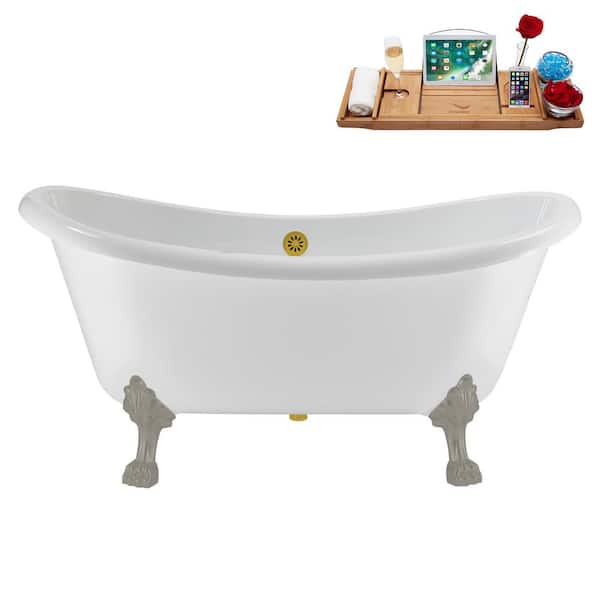 Streamline 59 in. x 28 in. Acrylic Clawfoot Soaking Bathtub in Glossy White with Brushed Gold Drain, Brushed GunMetal Clawfeet