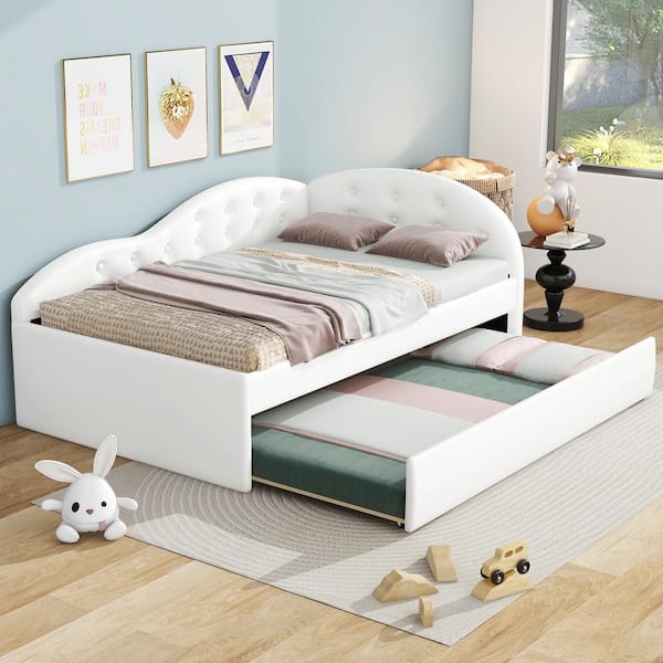Harper & Bright Designs White Wood Frame Twin Size PU Leather Upholstered Daybed with Twin Size Trundle, Button-Tufted Cloud-Shaped Guardrail