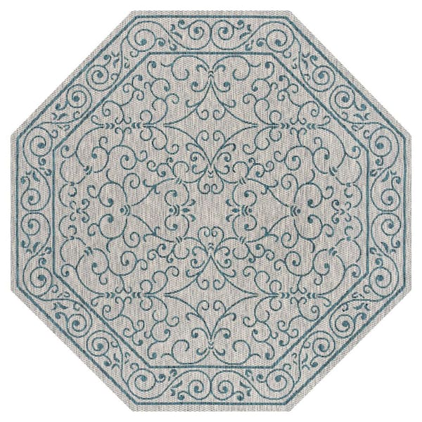 Charleston Vintage Filigree Textured Weave Gray/Teal 5 ft. Octagon Indoor/Outdoor Area Rug