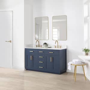 Gavino 60 in. W x 22 in. D x 34 in. H Double Sink Bath Vanity in Royal Blue with White Composite Stone Top and Mirror