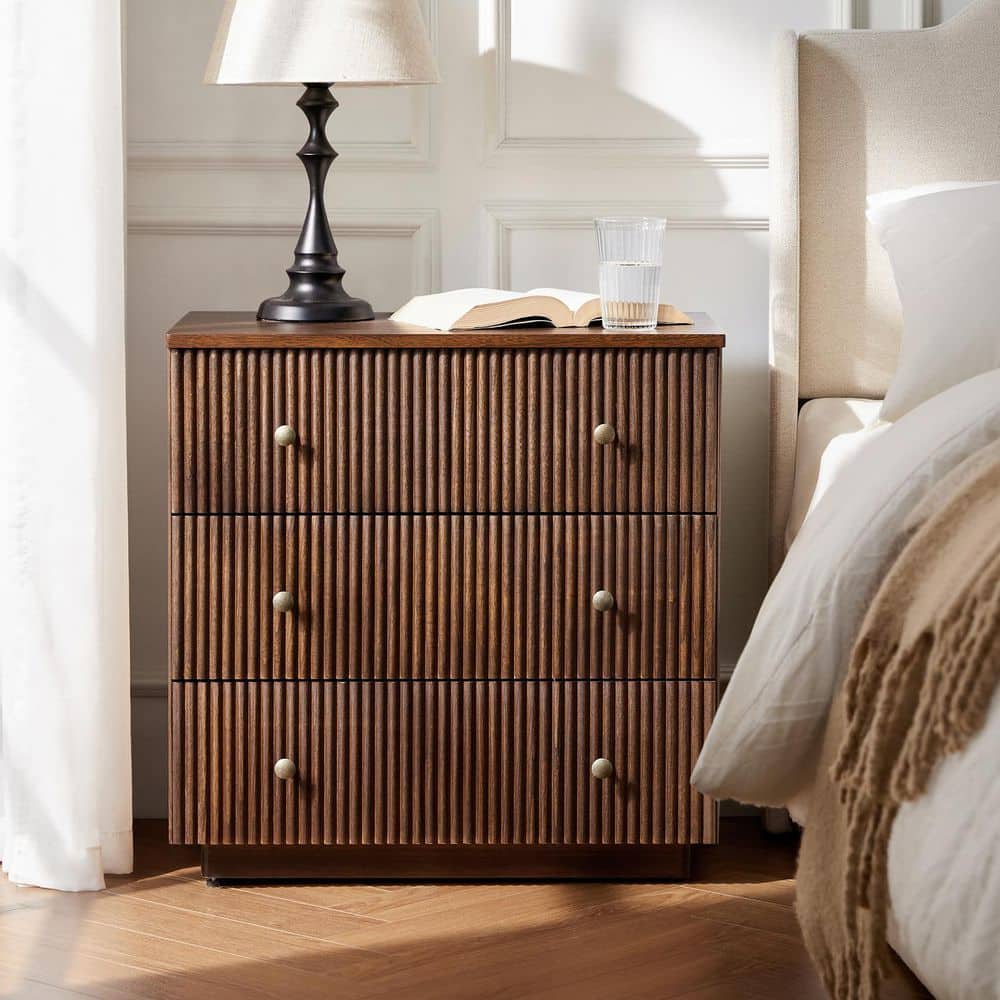 Walnut 3-Drawer Solid Wood Fully Assembled Nightstand with Charging Station - The Home Depot