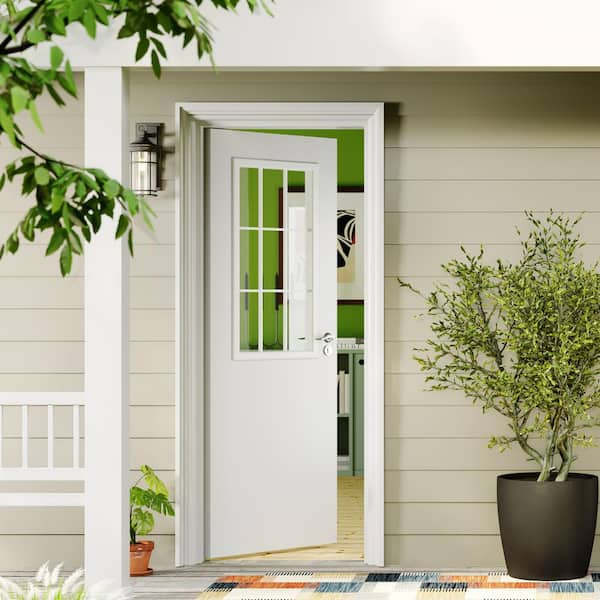 30 in. x 80 in. 9 Lite, Universal, Clear Glass, White Primed Wood Front Door Slab