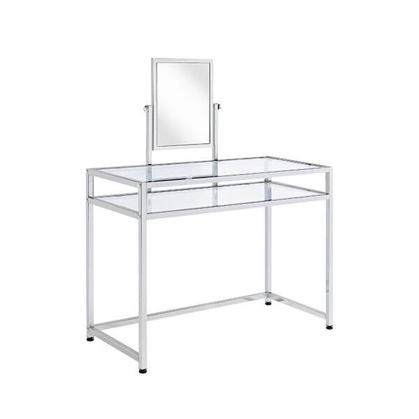 ACME Coleen Clear Tempered Glass Chrome Metal Finish Table w/ Stool Vanity  Set