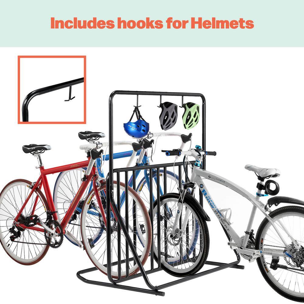 Black Dual-Sided Steel Freestanding Bike Rack with Helmet Hooks