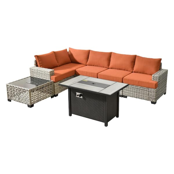 Tiberte Gray 7-Piece Wicker Patio Rectangle Fire Pit Conversation Set with Orange Red Cushions
