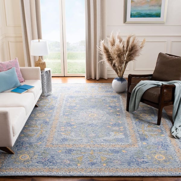 Micro-Loop Blue/Green 8 ft. x 10 ft. Floral Border Area Rug