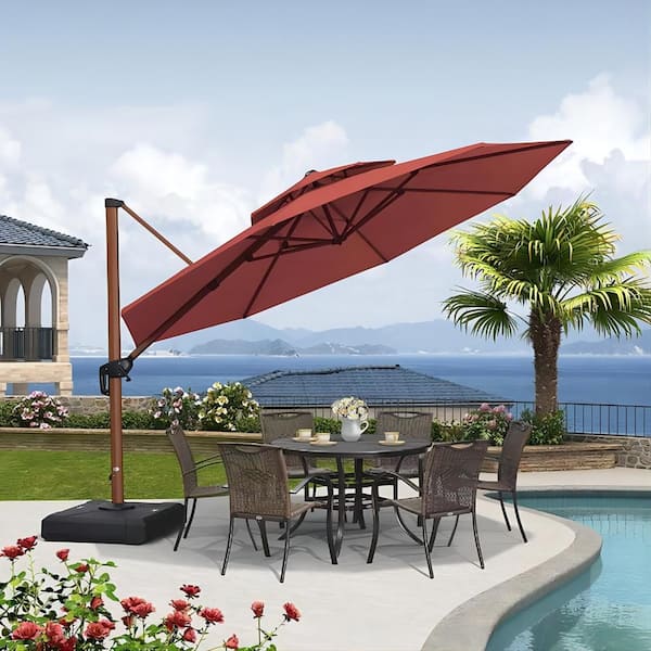 PURPLE LEAF 12 ft. Octagon High-Quality Wood Pattern Aluminum Cantilever Polyester Patio Umbrella with Base, Brick Red