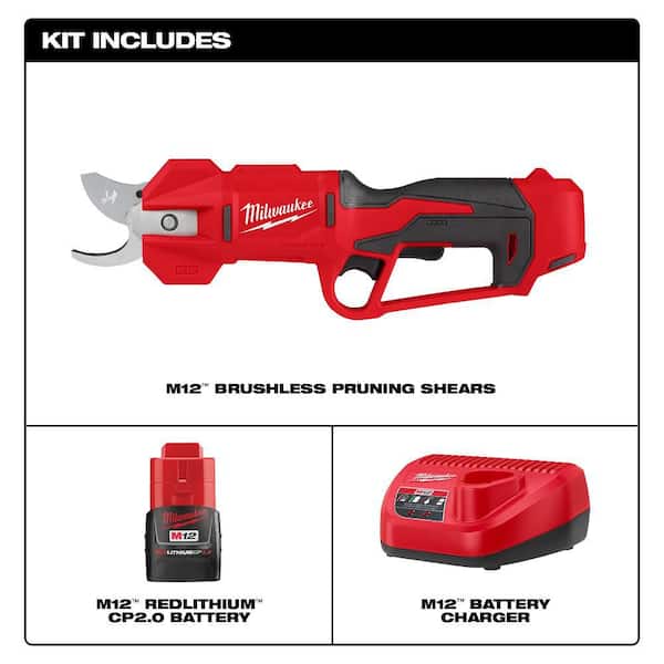 Milwaukee - M12 12V Cordless Brushless Pruner Shears Kit W/ 2.0 Ah Battery & Charger