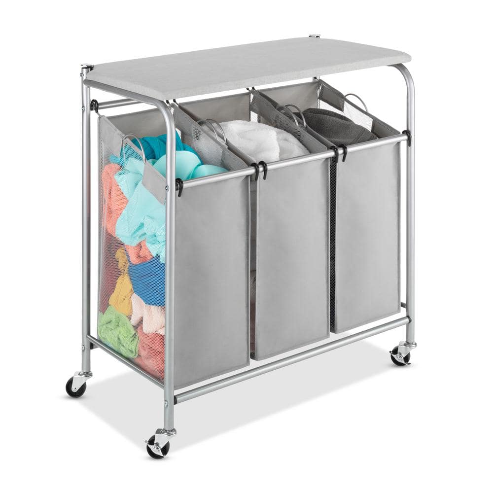 Chrome and Gray 3-Section Rolling Laundry Sorter with Folding Station