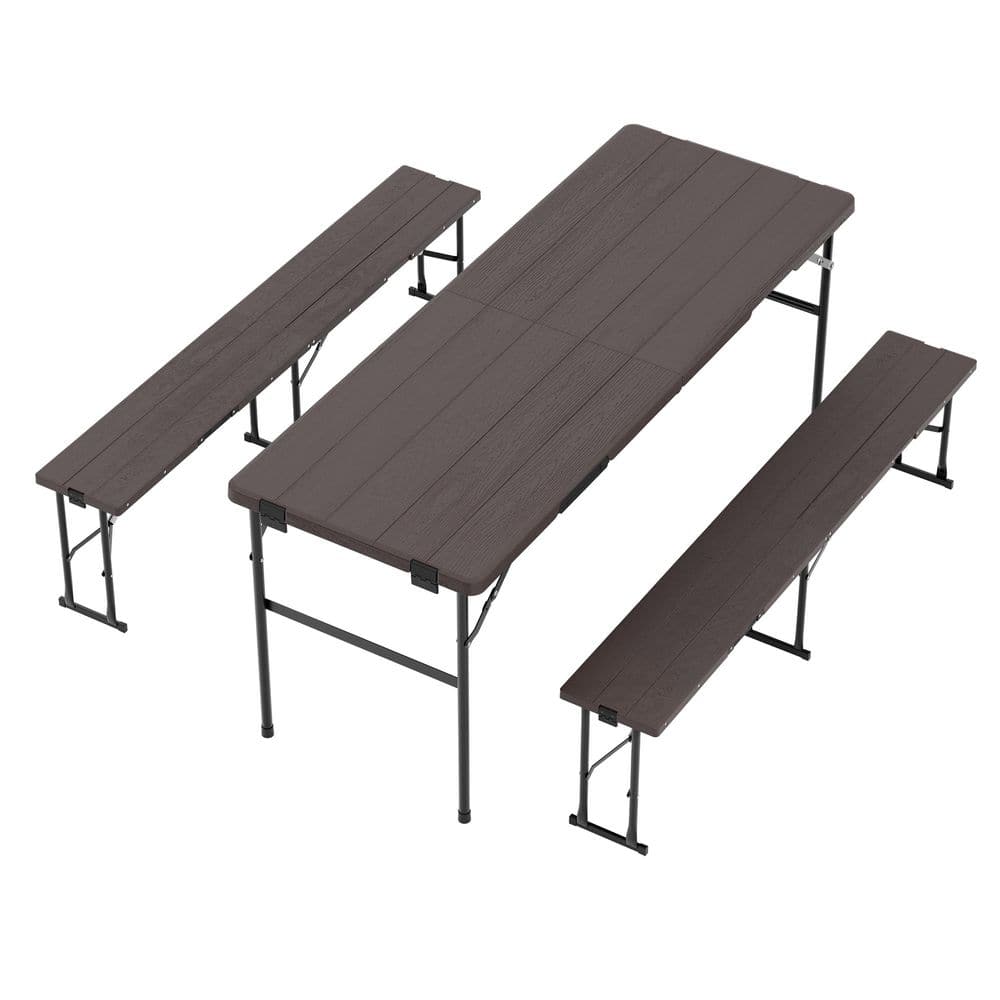 71 in. Brown Rectangle Steel Folding Picnic Table Seats 6 People with Wood Grain Tabletop