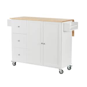White Rolling Mobile Kitchen Island Cart with Solid Wood Top/Wheel/Spice Rack/Towel Rack Breakfast Bar Kitchen Cabinet