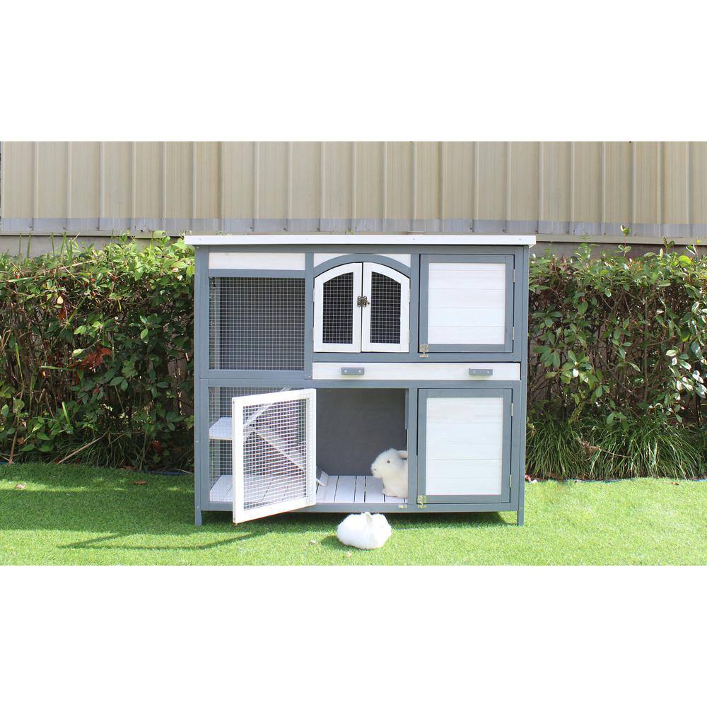 Gray and White Wooden 2-Story Rabbit Hutch with Ramps