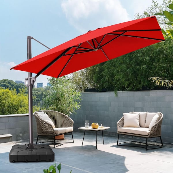 Pellebant 10.5 ft. x 9 ft. Rectangular Aluminum Offset Outdoor Cantilever Patio Umbrella in Red with 360° Rotation and Stand