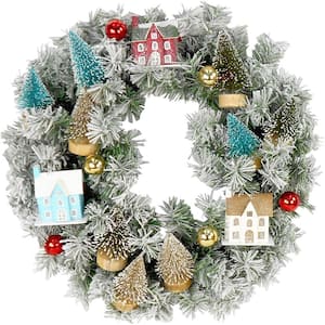 24 in. Artificial Christmas Wreath with Ornaments, Wood Houses, and Trees