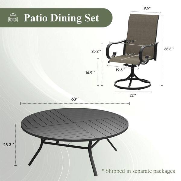 9-Piece Metal Outdoor Dining Set with 63 in. Black Round Table and 8 Textilene Swivel Dining Chairs with Brown Fabric