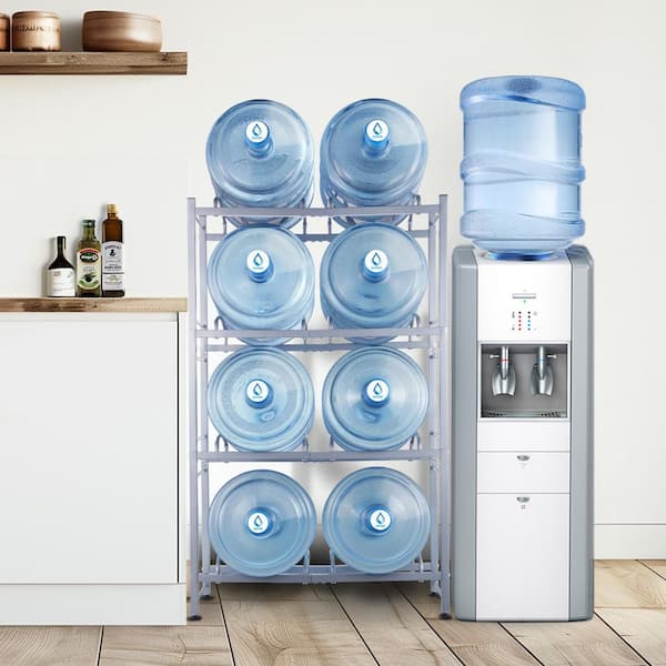 4-Tiers Water Jug Holder, 5-Gallon Water Bottle Holder, Double Row Water Bottle Rack for 8-Bottles, Heavy Duty, Silver