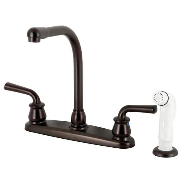Kingston Brass Restoration 2-Handle Deck Mount Centerset Kitchen Faucets with White Sprayer in Oil Rubbed Bronze