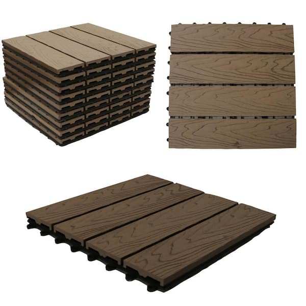 12 in. x 12 in. WPC Composite Interlocking Flooring Deck Tiles with Parallel Design in Espresso (Pack of 11 Tiles)