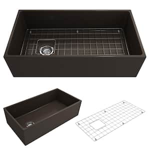 Contempo Farmhouse Apron Front Fireclay 36 in. Single Bowl Kitchen Sink with Bottom Grid and Strainer in Matte Brown
