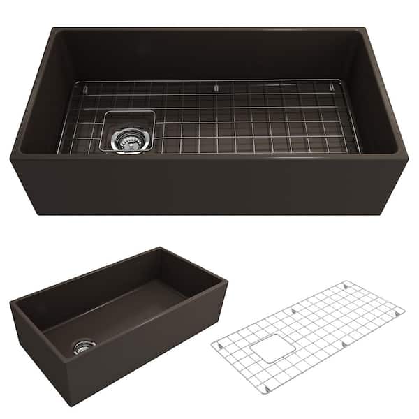 BOCCHI Contempo Farmhouse Apron Front Fireclay 36 in. Single Bowl Kitchen Sink with Bottom Grid and Strainer in Matte Brown