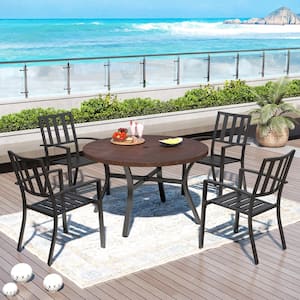 Black 5-Piece Metal Outdoor Patio Dining Set with Wood-Look Round Table and Modern Stackable Chairs