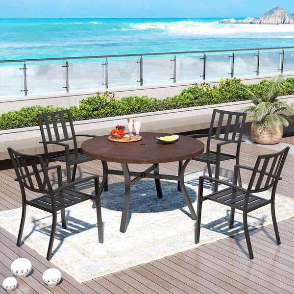 PHI VILLA Black 5-Piece Metal Outdoor Patio Dining Set with Wood-Look Round Table and Modern Stackable Chairs