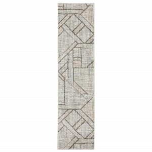 Grey Beige Sage Brown Tan Charcoal and Pale Blue 2 ft. x 8 ft. Geometric Power Loom Stain Resistant Runner Rug