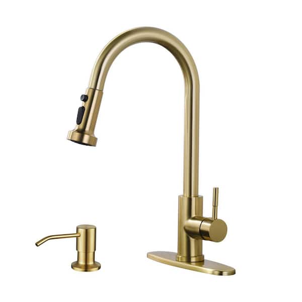 VEVETTA Single Handle Pull Down Sprayer Kitchen Faucet with 3-Mode Sprayer and Soap Dispenser in Brushed Gold