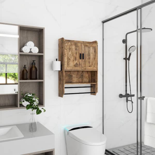 21.6 in. W x 7.5 in. D x 32.5 in. H Bathroom Storage Wall Cabinet in Rustic Brown with Paper Holder and Towel Bar