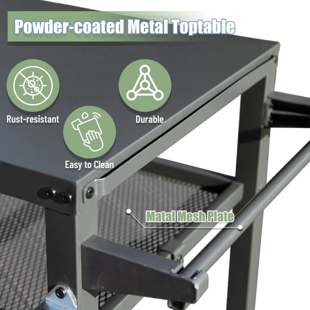 Gray Stainless Steel 3-Shelf Outdoor Grill Cart with Wheels