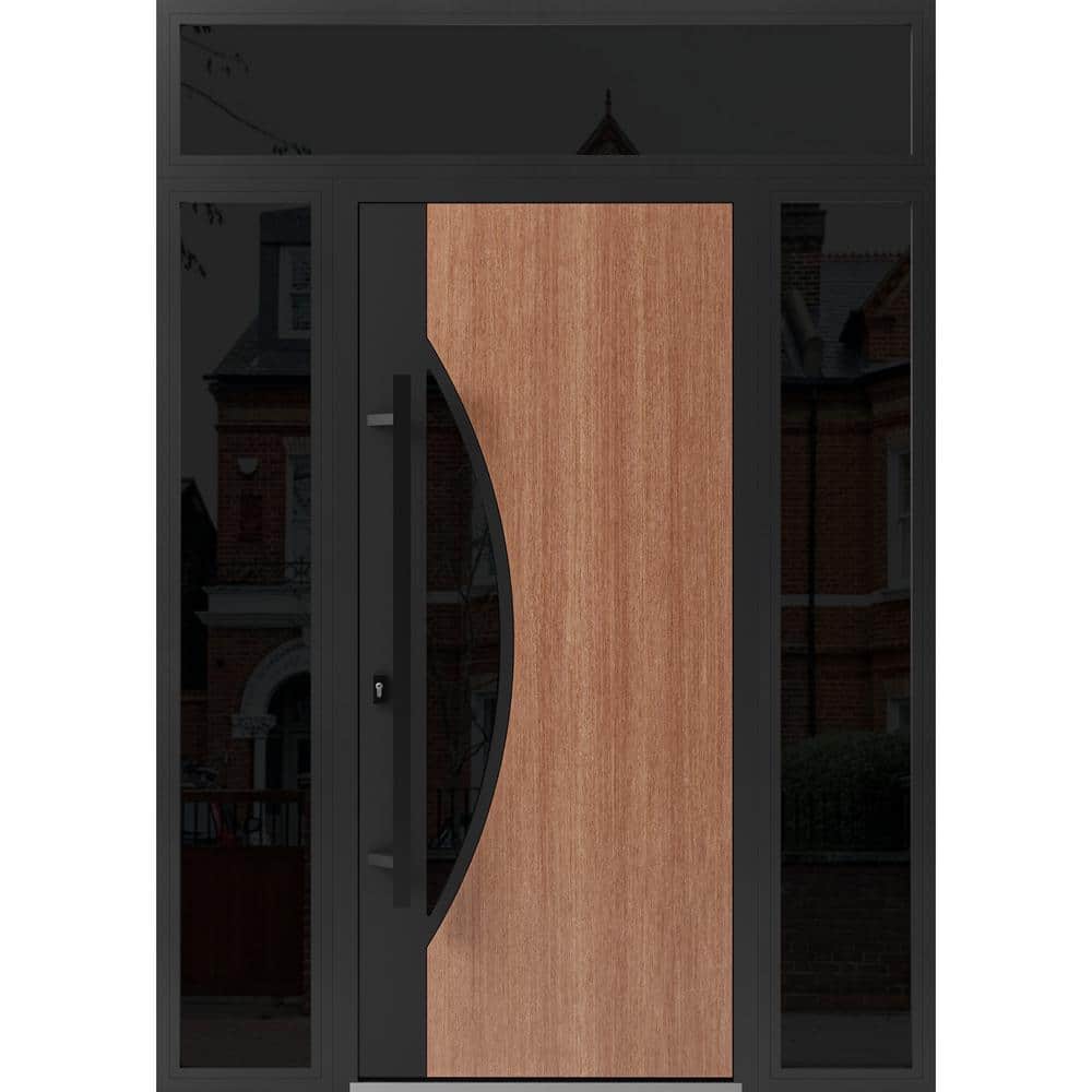1077 68 in. x 96 in. Right-hand/Inswing 3 Sidelight Tinted Glass Teak Steel Prehung Front Door with Hardware price history on PriceWatchPro