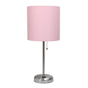 19.5 in. Brushed Steel/Light Pink Contemporary Bedside Power Outlet Base Standard Metal Table Desk Lamp