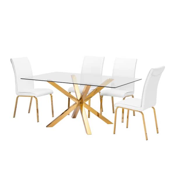 Best Quality Furniture Tom 5-Piece Rectangle Gold Stainless Steel Glass Top White Faux Leather Chairs