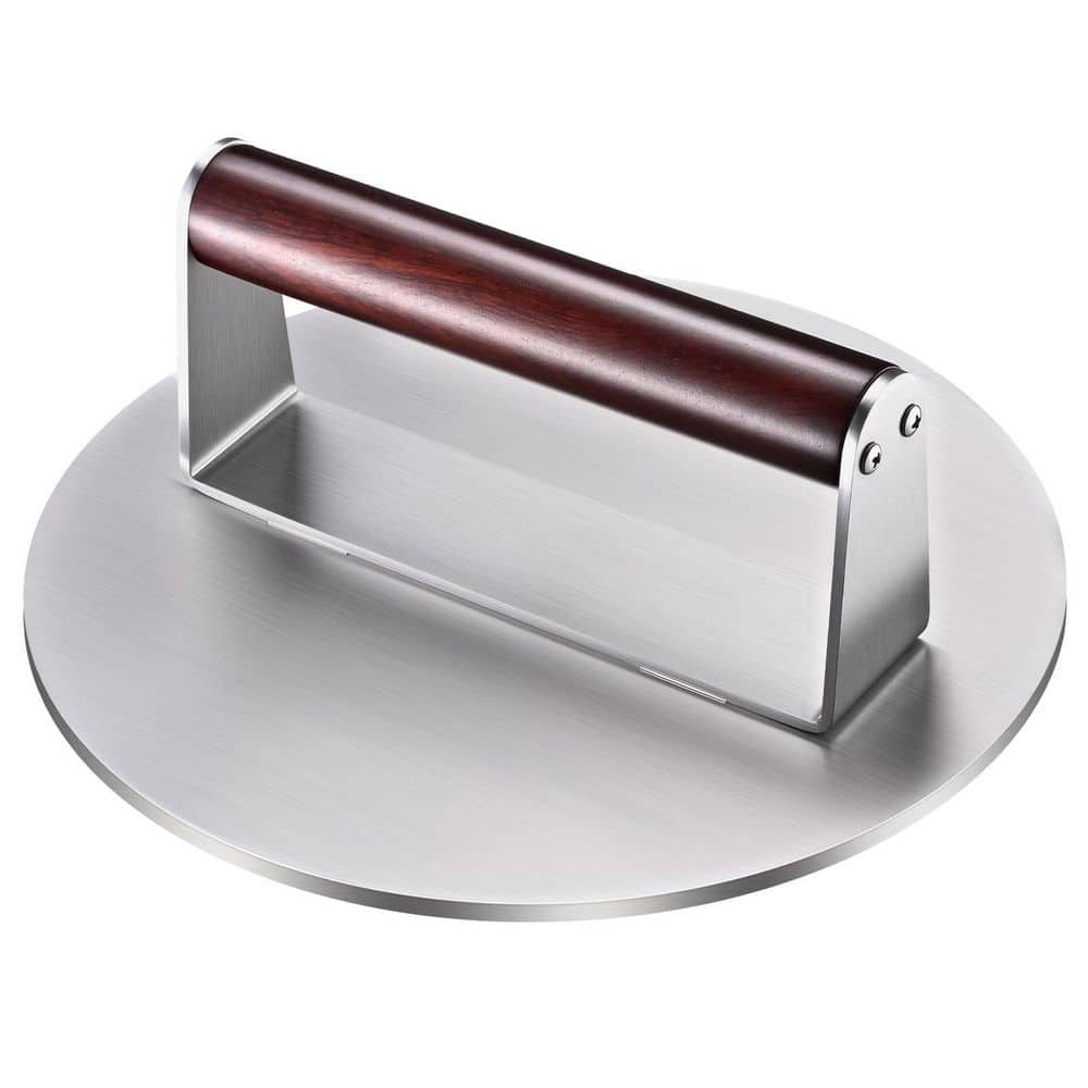 Heavy-Duty 8.5 in Stainless Steel Burger Press with Wooden Handle for Griddle and BBQ