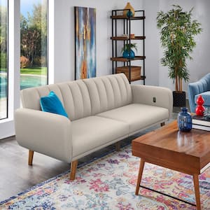 81 in. Square Arm Faux Leather Rectangle Convertible Split-Back Futon Sofa Bed With Usb Charging Ports in. Light Gray