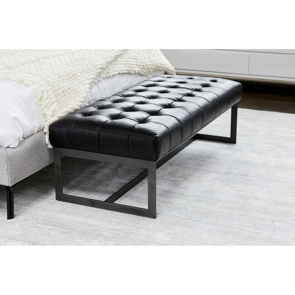 Wyatt 54'' Black Top-Grain Leather and Iron Bench