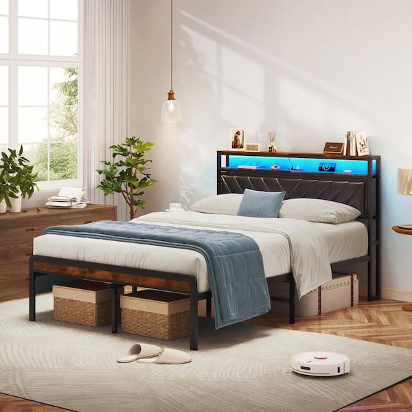 Brown Metal Frame Wood Full Size Platform Bed, Adjustable Upholstered Headboard Headboard, LED Light, Charging Station