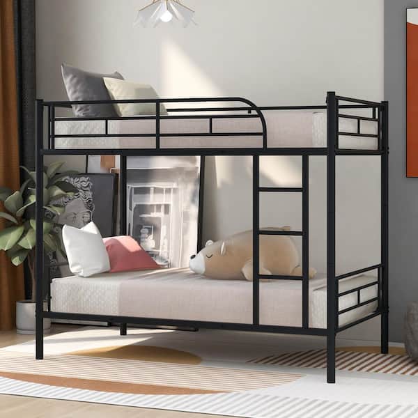 Black Twin Over Twin Size Metal Frame Bunk Bed with Ladder