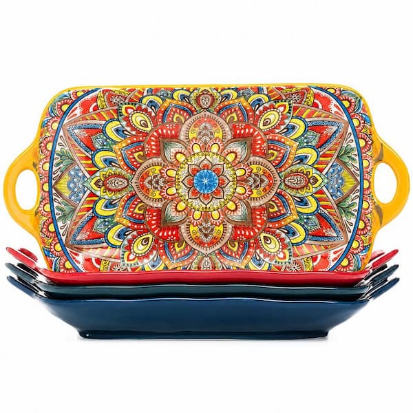 Set of 4 Boho Ceramic Serving Platter with Handles 12.8 x 6.7 x 1.4 in. Colorful Porcelain Multi-Color