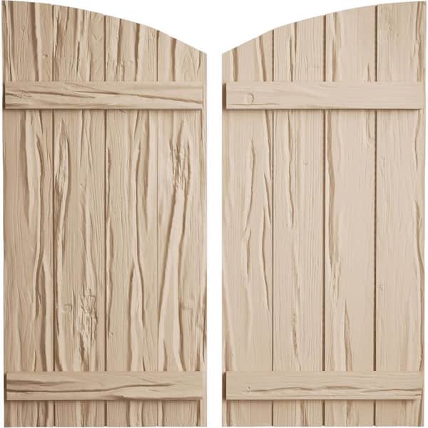 Ekena Millwork 22 in. x 50 in. Polyurethane Riverwood 4-Board Joined Board-n-Batten Elliptical Top Shutters, Primed Tan