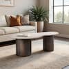 Liv & Skye 48 in. Brown Modern Oval Travertine Stone Top Coffee Table with Mango Wood Base 21493