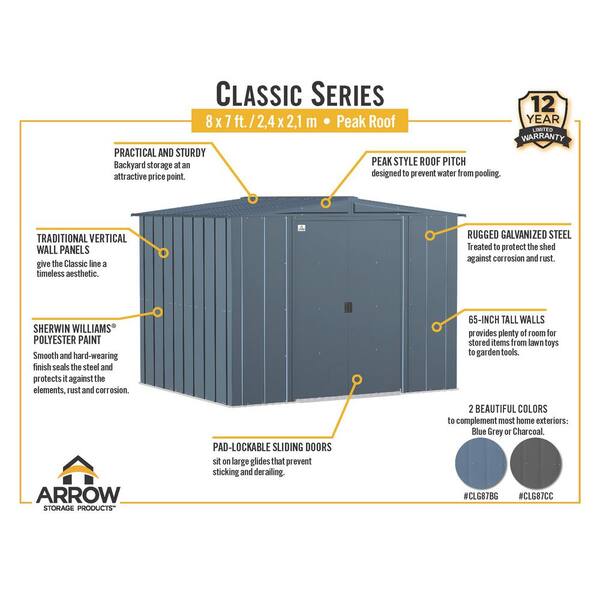 Arrow 8 ft. x 7 ft. Grey Metal Storage Shed With Gable Style Roof