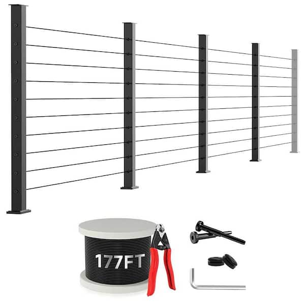 1-Stop 36 Black T304 Cable Railing Posts Kit DIY 4 Pack Level Drilled Line Posts 2 in. Wire Rope Stainless Steel