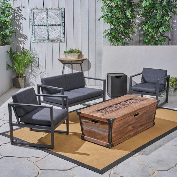 Noble House Barden Grey 5-Piece Metal Outdoor Patio Fire Pit Seating Set with Dark Grey Cushions